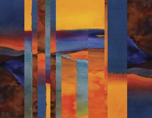 A semi-abstract landscape in deep, rich blue, yellow and orange hues