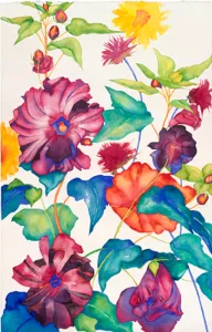 Watercolor of Hollyhocks in reds, oranges and yellows