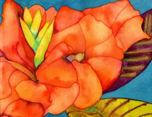 Watercolor of an orange Canna flower and leaves